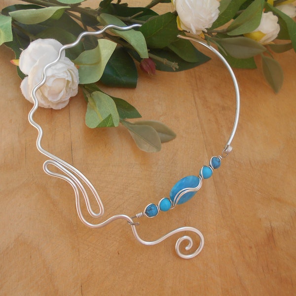 Asymmetric blue necklace Unusual choker Design necklace Silver wire necklace Striking necklace Abstract necklace Neck ring necklace