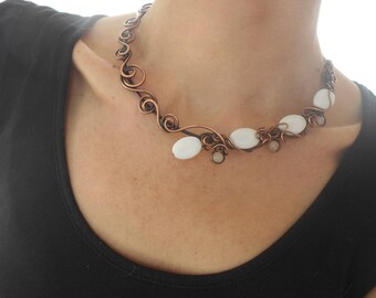 Choker cuff necklace Wire wrapped necklace Unique boho necklace Neck ring necklace Antique modern necklace White necklace Copper necklace