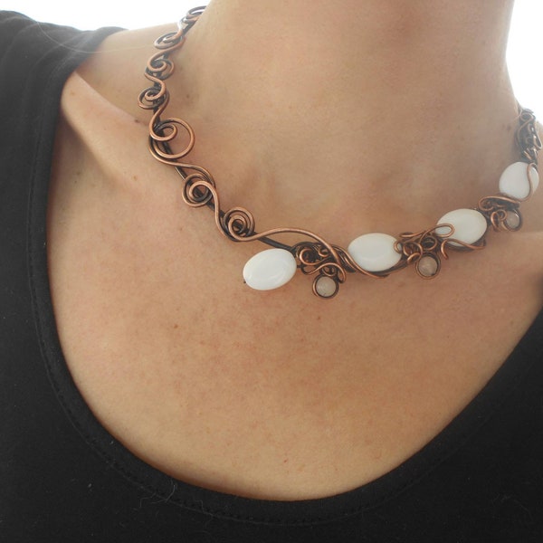 Choker cuff necklace Wire wrapped necklace Unique boho necklace Neck ring necklace Antique modern necklace White necklace Copper necklace