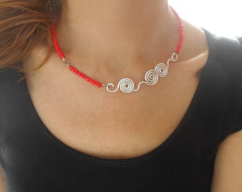 Seed beads necklace Interesting collar necklace Delicate necklace Asymmetric trendy necklace Dainty cuff necklace Unusual red necklace