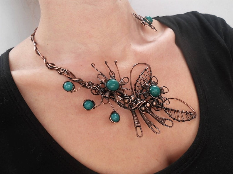 Flower necklace Green open collar necklace Statement copper wire necklace
