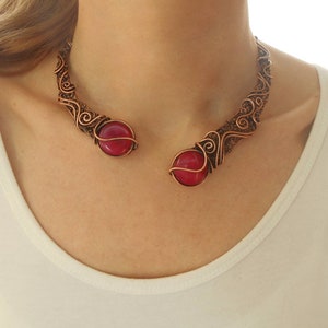 Open collar necklace Copper wire necklace Wire wrapped jewelry Wire wrap necklace Unique red necklace Antique modern necklace Rustic choker