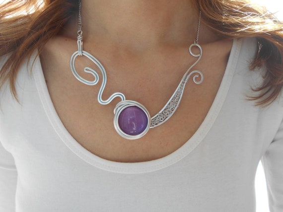 Aluminum Necklace Unusual Necklace Interesting Necklace Silver Bib
