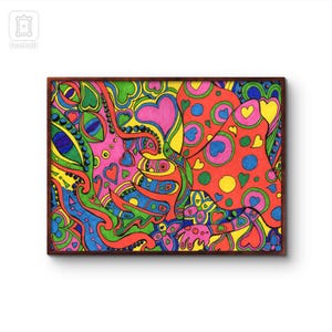 Lámina artística psicodélica de ojos de corazón / Arte mural psicodélico retro de los años 70 / Póster surrealista pop colorido / Decoración del hogar bohemia y moderna