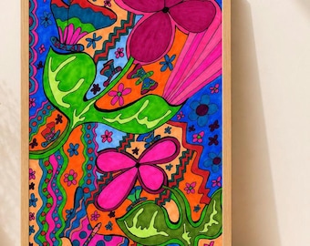Kleurrijke bloemen kunst aan de muur, boho bloemenprint, psychedelisch decor, maximalist woondecoratie, decor jaren 70 groovy