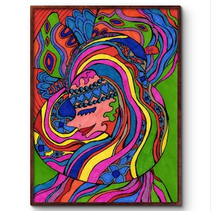 Lámina psicodélica de diosa arcoíris: arte bohemio abstracto de mujer. Póster psicodélico inspirado en los años 70 para una decoración de pared maximalista y colorida.