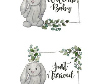 Baby Monthly Card PRINTABLE Bunny Watercolor Leaves Frame , Shower gift, Gender neutral baby