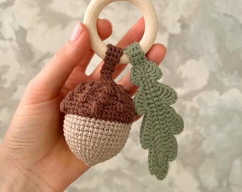 Acorn Rattle Eco Toy Wooden Ring Infant Baby Theether