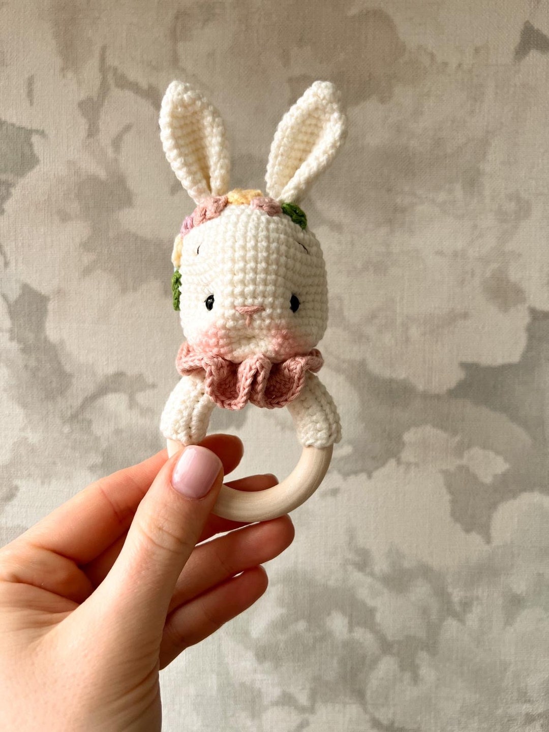 Bunny Rattle With Flowers Eco Wood Ring Theether - Etsy