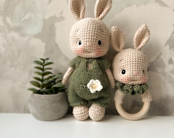 Daisy Bunny Toy +Bunny Rattle Amigurumi Cotton babyshower newborn