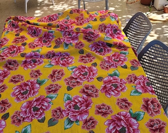 Vintage Floral Tablecloth, Retro Linen Tablecloth, Yellow Pink Tablecloth, 70s Kitchen Decor, Retro Table Decor, Gift For Grandmother