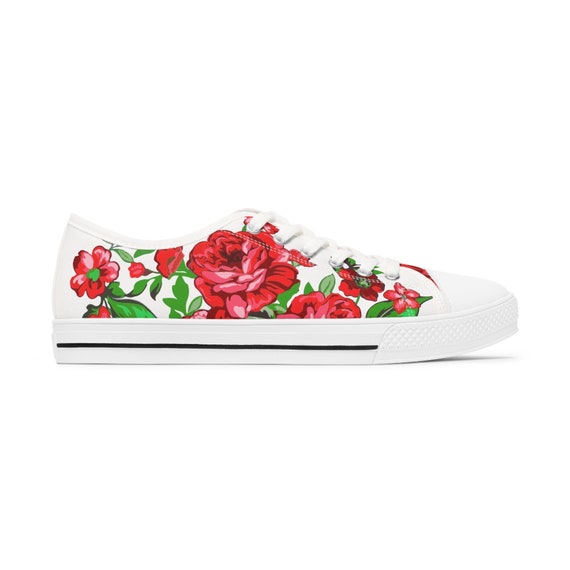 Designer Shoes, Red Roses Sneakers, Unique Low Top Sneakers, Printed  Sneakers, Flat Shoes, Red White Sneakers, Fabric Sneakers 