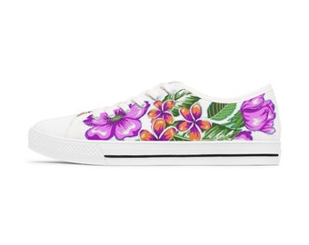 Women's Low Top Sneakers, Purple And White Sneakers, Floral Shoes, Printed Fabric Shoes, Hawaiian Style Sneakers, Unique Sneakers, Delicate