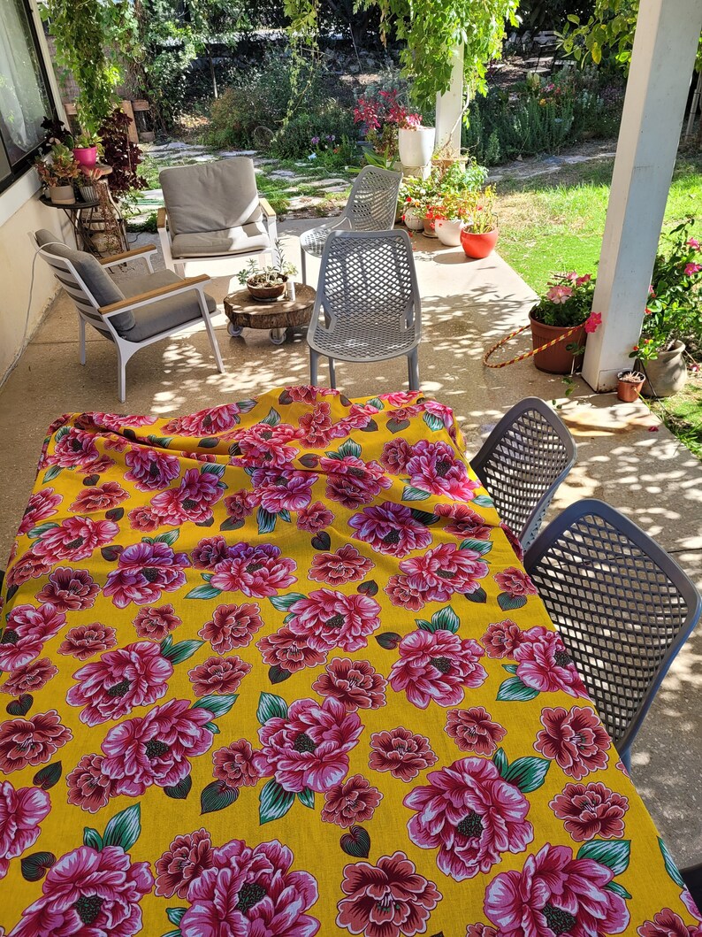 Vintage Floral Tablecloth, Retro Linen Tablecloth, Yellow Pink Tablecloth, 70s Kitchen Decor, Retro Table Decor, Gift For Grandmother image 1