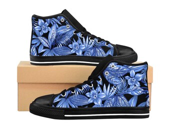 High Top Sneakers, Unique Floral Sneakers, Boho Sneakers, Printed Fabric Shoes, Every Day Shoes, Blue Daffodil Sneakers, Shoes With Flowers