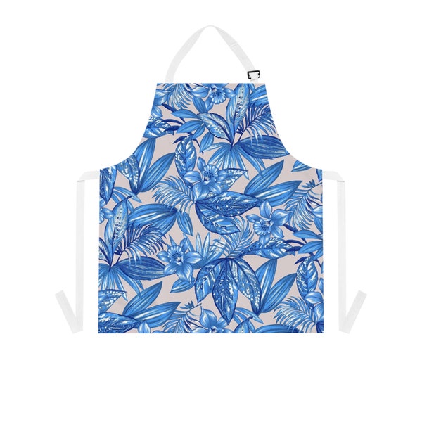 Cooking Apron With Pockets, Floral Apron, Blue Waterproof Apron, Kitchen Baking Apron, Vintage Flower Apron, Gifts for Grandmother, Tropical