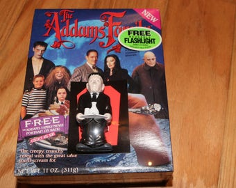 Addams Family Cereal (1991) LURCH Flashlight Sealed Box Ralston 1990s Morticia Gomez Pugsley Thing Cousin It Coffin Car Adams Haunted House