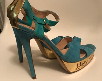 SIRENZ 1990s Size 6.5 Sandals Aqua Suede Shoes Vintage 1990s Couture Designer High Fashion Heels Size 6.5