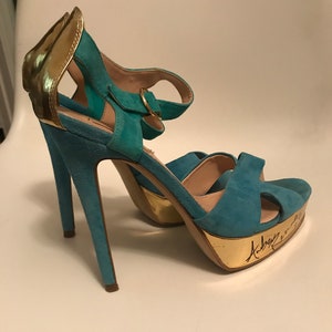 SIRENZ 1990s Taglia 6.5 Sandali Aqua Suede Scarpe Vintage 1990 Couture Designer Tacchi alta moda Taglia 6.5
