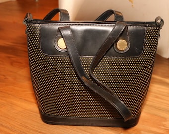 Dooney & Bourke 1990s PURSE Vintage 90s Design Black Bag Perforated and Vachetta Leather Bucket Handbag