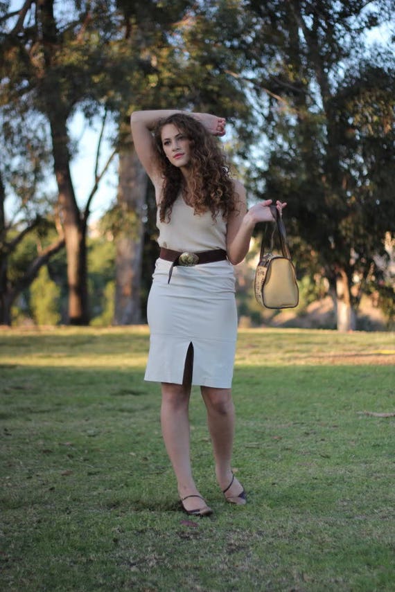 GUCCI Skirt Vintage 1990s Women Straight Pencil Leather and Cotton