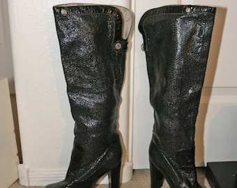 Jeffrey Campbell Black perforated Tall High Heel Boots Women Size 9 Rocker Chunky Heel Couture High Fashion Punk Steampunk