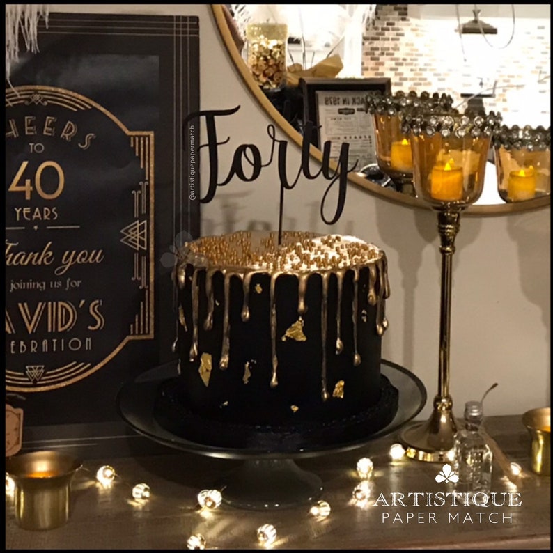 Black FORTY Cake Topper FORTY Birthday Cake Topper Age cake topper Gatsby cake topper image 1