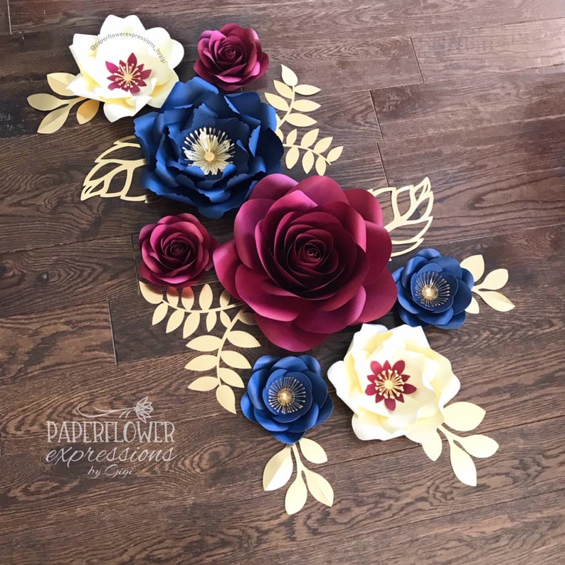 Burgundy Wedding Paper Flower Backdrop Navy Marsala and Gold Wedding Flowers Burgundy Navy and Ivory Paper Flowers