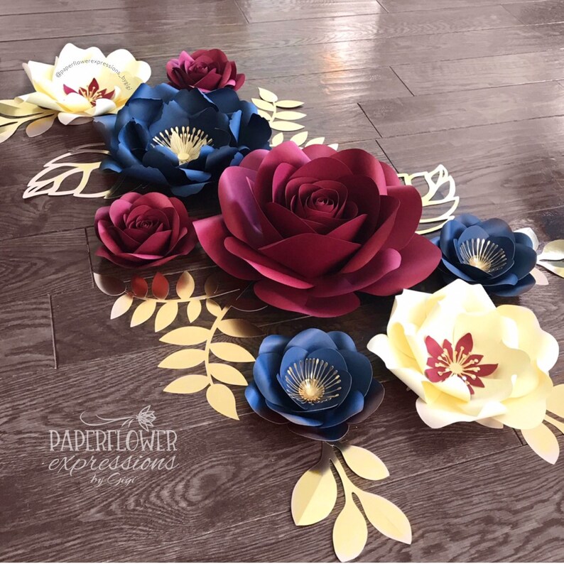 Burgundy Wedding Paper Flower Backdrop Navy Marsala and Gold Wedding Flowers Burgundy Navy and Ivory Paper Flowers