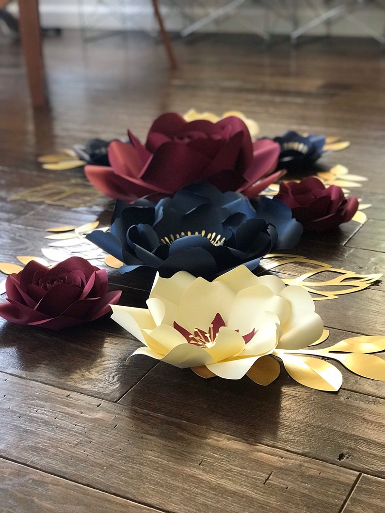 Burgundy Wedding Paper Flower Backdrop Navy Marsala and Gold Wedding Flowers Burgundy Navy and Ivory Paper Flowers