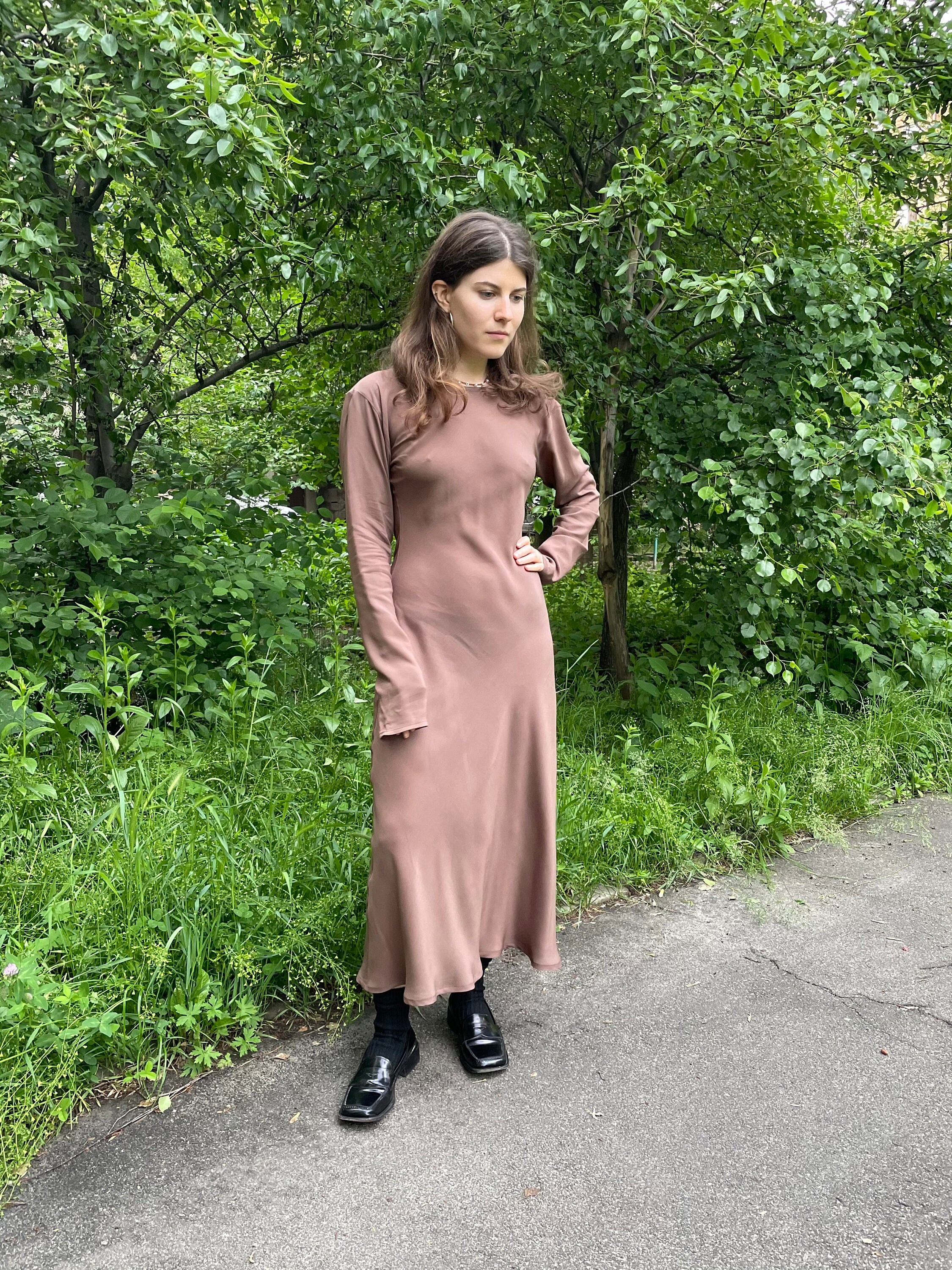 Slip Maxi Dress Nude Extra Long Sleeve 