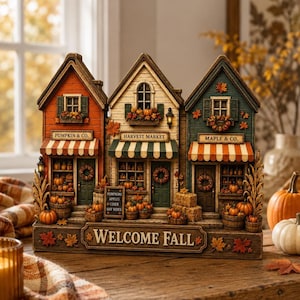 May include: A decorative tabletop display featuring three miniature shops labeled Pumpkin & Co., Harvest Market, and Maple & Co. The structure has orange, cream, and green facades with striped awnings, pumpkins, and a sign reading Welcome Fall.