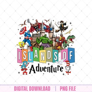 Könnte beinhalten: Ein farbenfrohes Grafikdesign mit Comicfiguren wie Superhelden, SpongeBob und Harry Potter, mit dem Text "ISLANDS OF Adventure". Ein digitaler Download für themenbezogene Projekte.