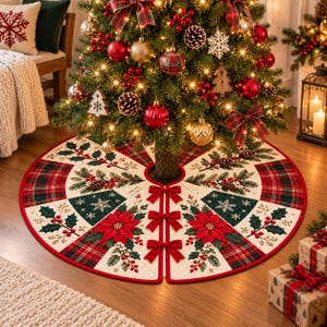 May include: A round Christmas tree skirt featuring a cream-colored base with a red and green plaid border. The design includes printed poinsettias, holly berries, pine branches, and snowflakes. Three red fabric bows secure the front opening.
