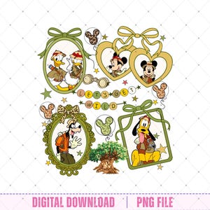 May include: A digital download graphic featuring Disney characters in safari attire. Donald Duck, Daisy Duck, Mickey Mouse, Minnie Mouse, Goofy, and Pluto are framed in decorative borders. The phrase "LET'S GET WILD" is also included.