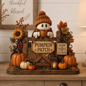 Pumpkin Patch Ghost Coffee Fall Wooden Block, Cozy Harvest Season, Halloween BookShelf Decor