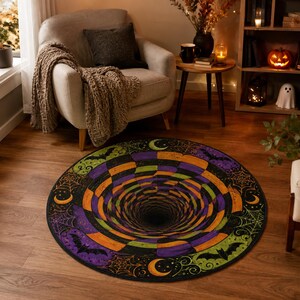 May include: A round rug featuring a 3D optical illusion of a deep black hole at the center, surrounded by concentric rings of orange, purple, and green. The border displays black bats, spider webs, and yellow crescent moons on a dark background.