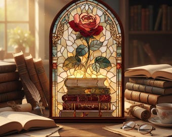 May include: Stained glass panel featuring a red rose above a stack of books. The panel is framed in dark wood and set against a backdrop of books, a cup of tea, and reading materials.