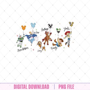 Puede incluir: Una descarga digital con los personajes de dibujos animados Buzz Lightyear, Bo Peep, Bullseye, Slinky, Woody y Jessie sosteniendo globos con forma de Mickey Mouse. El texto "DIGITAL DOWNLOAD | PNG FILE" est&aacute; en la parte inferior.