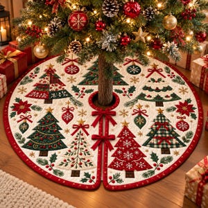 May include: A round, quilted Christmas tree skirt featuring a cream-colored base with a festive pattern of various decorated pine trees, red poinsettias, and hanging ornaments. The skirt includes three red ribbon ties for closure at the center.