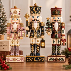 May include: Three decorative nutcracker figurines standing on rectangular bases. The left one is pink and white with a gift, the center one is black and gold with a star staff and lantern, and the right one is green and red with a tree and gift.