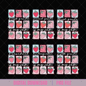 Strawberry Grades Is My Jam Bundle Png, Back To School Png,Frame wavy whimsical Coquette Preppy Bow Teacher Pre-K 1st 2d 3d 4th 5th