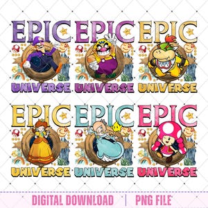Peut inclure: Un téléchargement numérique avec six personnages colorés de la série de jeux vidéo Super Mario. Chaque personnage est encadré dans un cercle, avec les mots "EPIC UNIVERSE" au-dessus et en dessous. L'image comprend le texte "DIGITAL DOWNLOAD | PNG FILE".