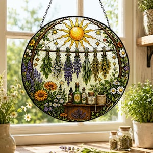 May include: A circular stained glass suncatcher featuring a central yellow sun, hanging bundles of dried herbs, and a wooden shelf with glass apothecary bottles and a spool of twine. The design is framed by green foliage and colorful flowers.