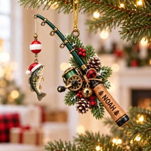 May include: A Christmas tree ornament shaped like a fishing rod with a green shaft, a reel, and a cork handle engraved with the name NOAH. A small fish wearing a Santa hat hangs from the line, accented with pine needles, pinecones, and red berries.