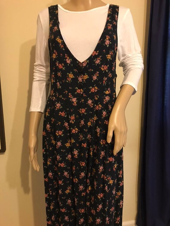 Vintage black floral dress rayon large