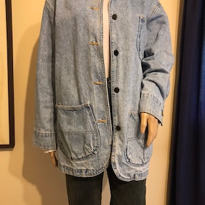Vintage denim jacket chore coat with brown denim collar small