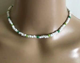 Handmade seed bead choker necklace white and green FREE SHIPPING anywhere in the US!