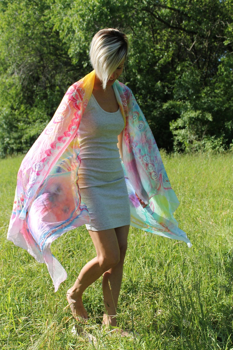 Wedding shawl. Spread your wings, you can fly. Large hand painted silk scarf fairy rainbow butterfly wings. Unique gift idea for bride, mom image 8