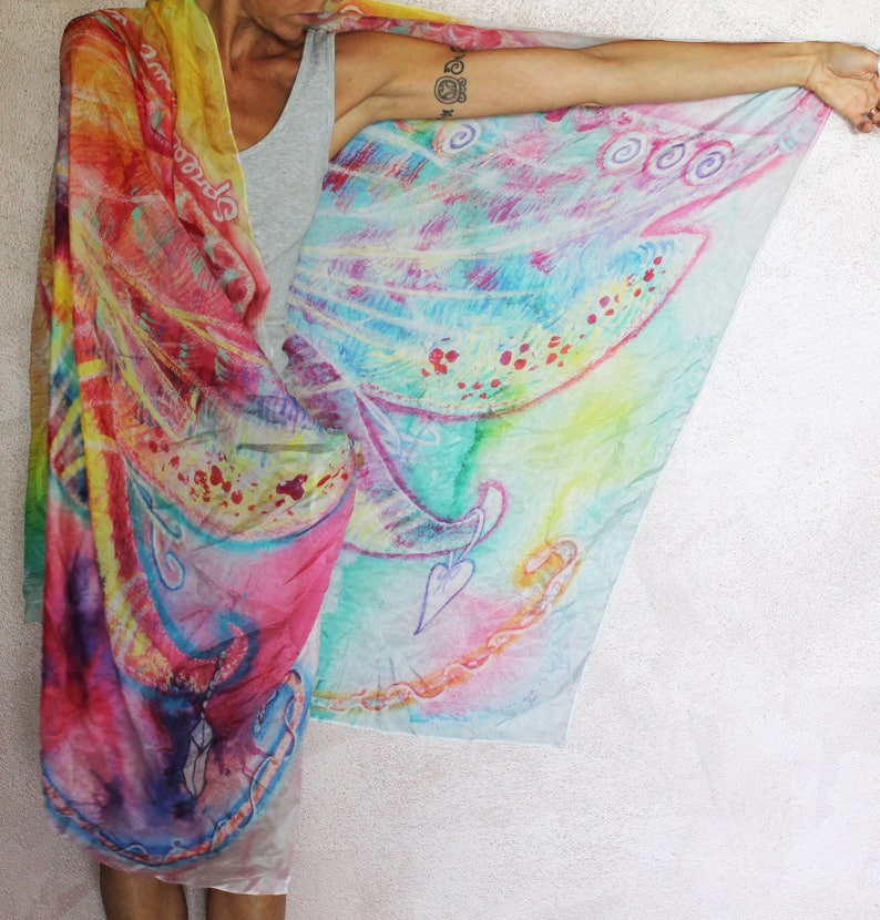 Wedding shawl. Spread your wings, you can fly. Large hand painted silk scarf fairy rainbow butterfly wings. Unique gift idea for bride, mom image 1